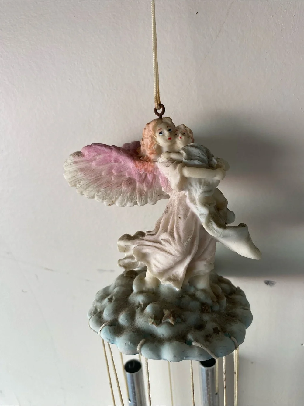 Vintage Resin Angel Holding Baby Wind Chime Cloud Stars Cherub Decor